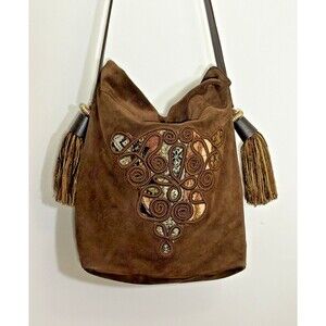 Vintage Brown Suede &Tapestry Hobo Bag Purse W/ Ornamental Tassels